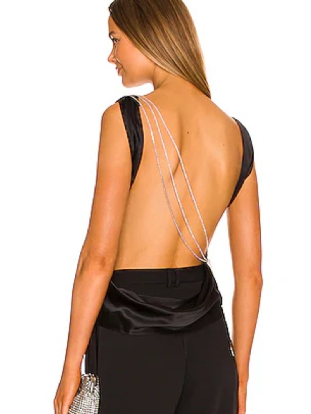 The Bar Black Satin Backless Evening Top with Chain Straps